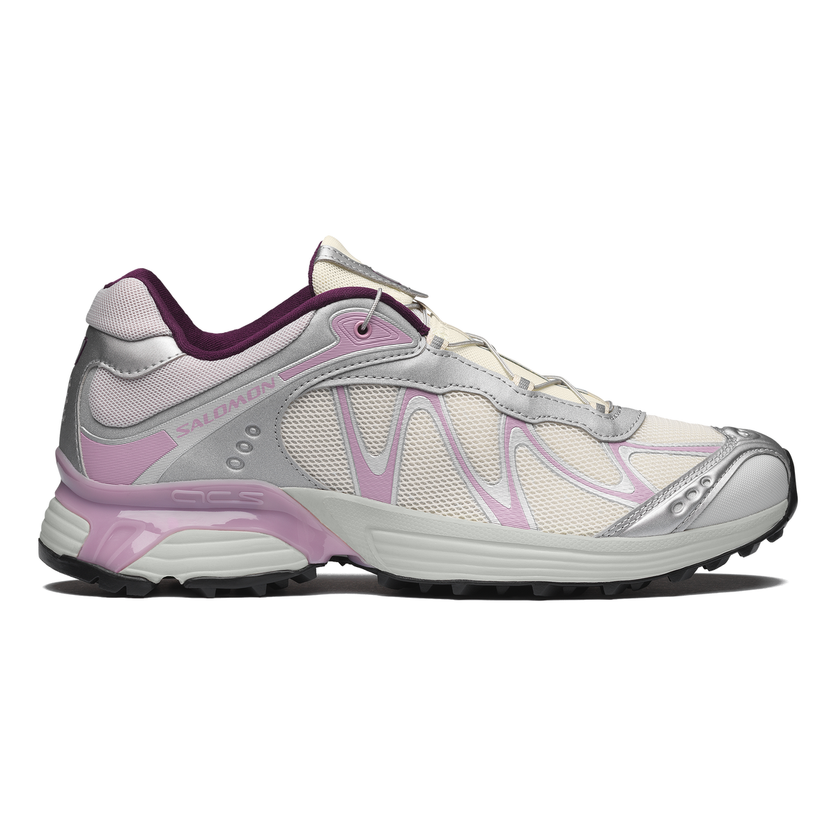 Salomon XT-WHISPER FTW SILVER/VANILLA ICE/WINTER BLOOM, vista lateral. #Color_FTW SILVER/VANILLA ICE/WINTER BLOOM